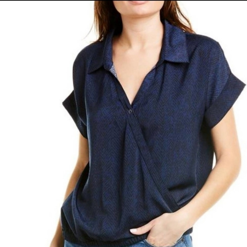 David Lerner Evereve Wrap Blouson Top XS Navy Chevron Office Siren Chic